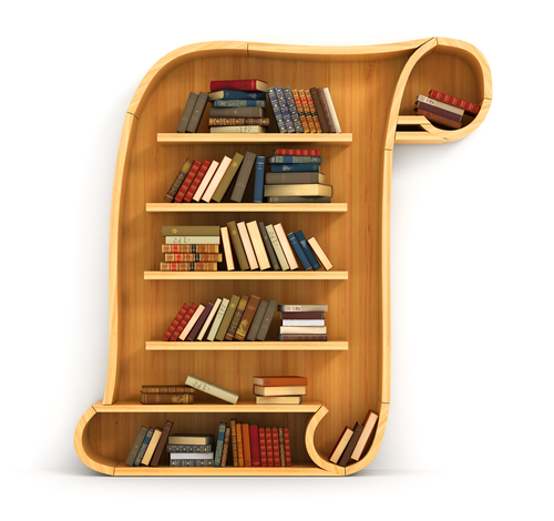 Wooden bookshelf shaped like a paper scroll